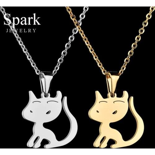 Cute Pet Cat Pendant Necklace For Women Men Charm Stainless Steel Gold Color Link Chain Jewelry Gift For Children Kids