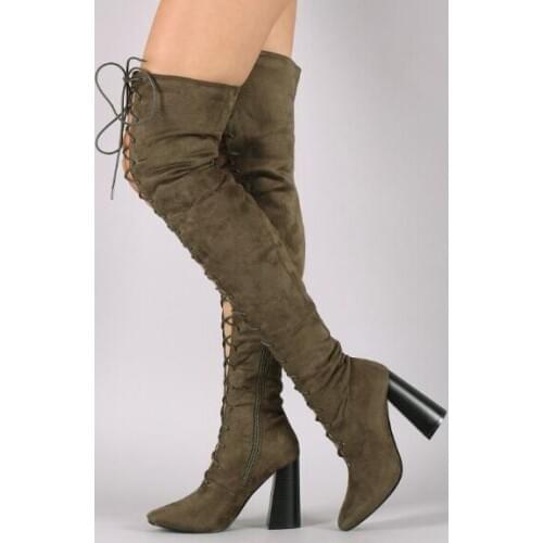 Drop Shipping Woman Brand Army Green/Black/Nude/Brown Solid Color Cuts Out Cross Lace Up Front Rough Heels Over The Knee Boots