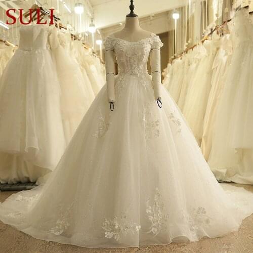 SL-9008 Boat Neck Illusion Bodice Wedding Dress Lace Sequins Bridal Gowns 2018