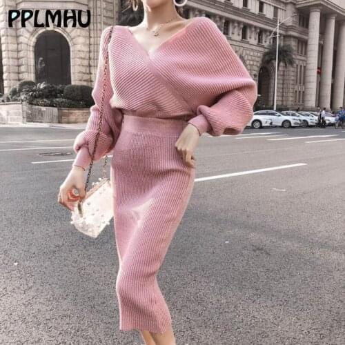 Sexy Shinny Party Knitted Package Hip Skirt Suits Women Winter Elegant V-neck Batwing Sleeve Two Piece Set Lady Club Bodycon
