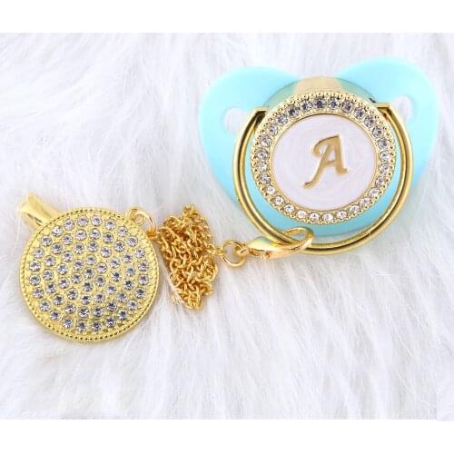 26 Letter Name Initial Baby Pacifier And Clips BPA Free Silicone Dummy Nipples BlingBling Blue Rhinestones Baby Soother Sucette