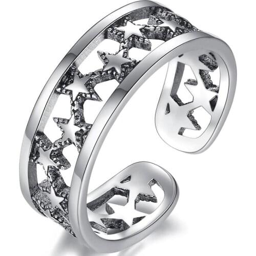 Pentagram Star Doule Layer Vintage Adjustable Thai Silver Color Ring For Women Mens Korean Trendy Simple Tibetan Jewelry S-R2209