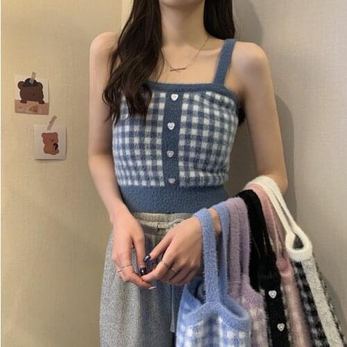 Plaid Knitted Tanks Camis Womens Spring Autumn 2021 New Pink Top Tees Womens Fashion Y2k Sweet Button Sexy Tank Tops Clothing