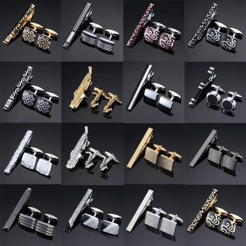High Quality Cuff links necktie clip for tie pin for mens gift Classic pattern tie bars cufflinks tie clip set Men Jewelry