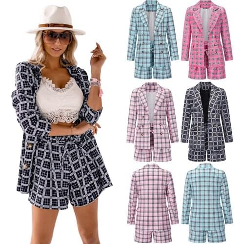 TOP QUALITY Women Blazer Suit Two-piece Set Loose Plaid Suit Jacket Double Breasted Blazer Femme office lady jacket Coat