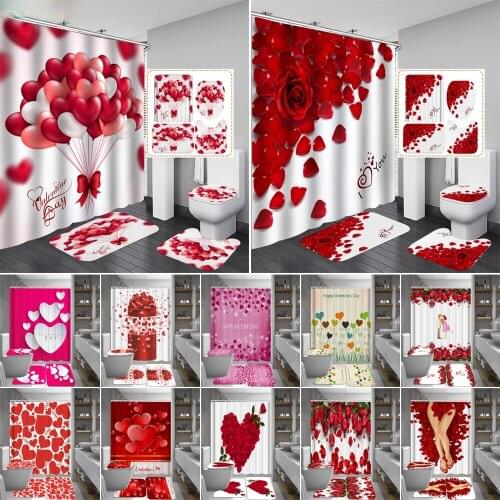 Valentines Day Flower Rose Shower Curtains Bathroom Curtain Rose Petal Love Bath Sets Toilet Cover Mat Non-Slip Washroom Rug Set