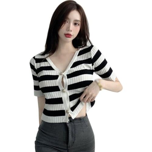 Womens Retro V-neck Stripe Button Short Section Tee Exposed Navel Knitted Short Sleeved T-shirt Cardigan