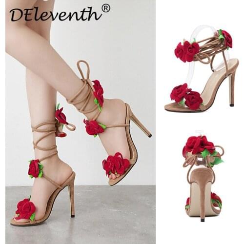 HOT Summer Women 11CM High Heels Sandals lady Pumps Round Toe Flock Thin High Heels Lace Up Front & Rear Strap Flowers Shallow