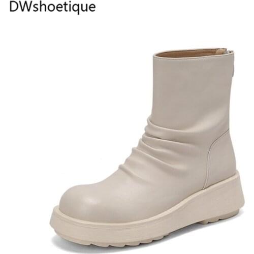 Platform genuine leather women ankle boots zipper wrinkle casual wedge short boots
