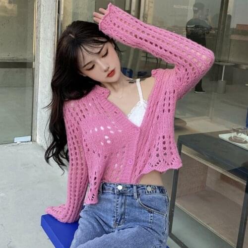 Womens Cardigan Tops Female Summer Casual Fashion Newest Solid Color Hollow Out Long Sleeve Thin Soft Knitted Cardigan