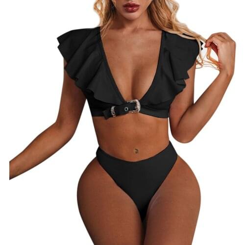 Ladies two-piece Split Swimsuit Sexy Special Metal Buckle Ruffle V-neck Backless Bikini
