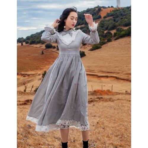 High Quality Hot Sale 2018 Autumn New Arrival Princess Style Retro Stand Collar Plaid Long Sleeve Woman Lace Long Cotton Dress