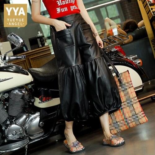 2020 New Women Loose Fit Casual Sheepskin Genuine Leather Wide Leg Pants Harajuku Fashion Pocket Ankle Length Real Leather Pants