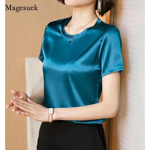2021 Summer New Glossy Blouse Women Short Sleeve Blouse Fashion Solid Plus Size Office Lady O-neck Clothes Tops Blusas 14071