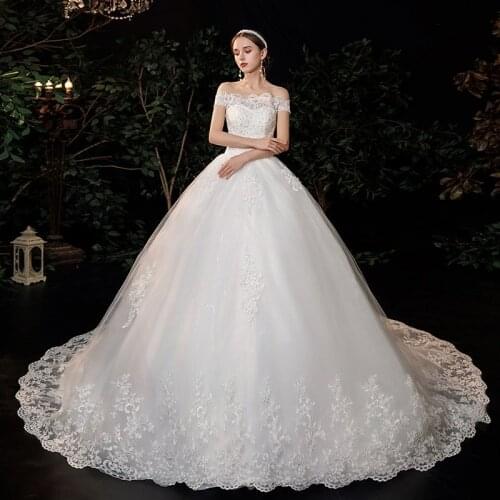 2021 New Boat Neck Wedding Dress Sweep Brush Train Ball Gown Bridal Dress Lace Up Wedding Gowns Vestidos De Novia