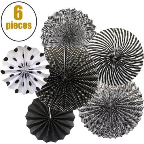 6pc / Set Diy Hanging Paper Fans Set Black Round Pattern Paper Garlands for Vintage Party Wedding Birthday Events Accessories