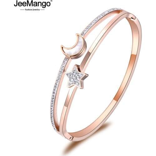 JeeMango Mosaic Rhinestone Shell Lovers Moon Star Stainless Steel Bracelet Bangle Jewelry Rose Gold Viking Cuff Bracelet JB19001