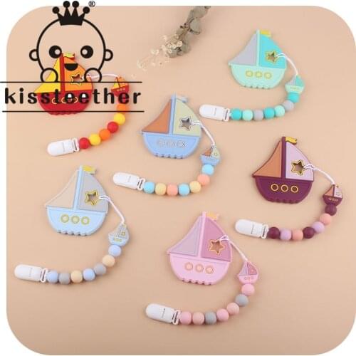 Kissteether Baby Silicone Colorful Sailboat Infant Silicone Pacifier Chain Toddler Pacifier Holder Anti-Drop Chain Teether Toys