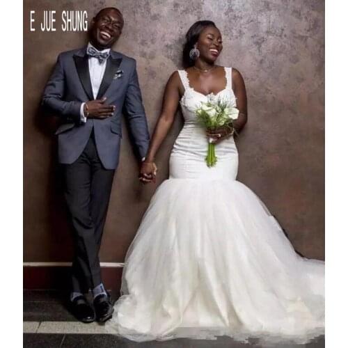 E JUE SHUNG Sexy African Mermaid Wedding Dresses Spaghetti Strap Lace Appliques Sheer Back Beach Wedding Gowns robes de mariée