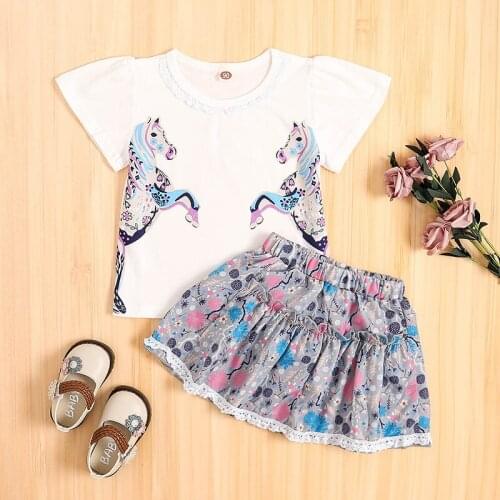 Children girl European and American unicorn print short-sleeved T-shirt lace skirt princess casual suit 2-piece set