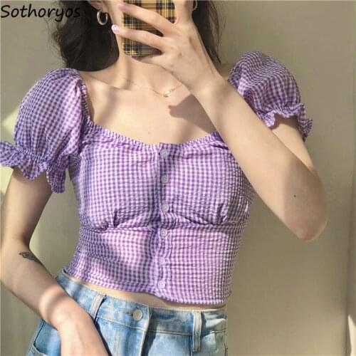 Plaid Puff Sleeve Preppy Shirts Women Square Collar Sweet Elegant Slim Cropped Tops Summer Leisure Students Daily Outwear Trendy