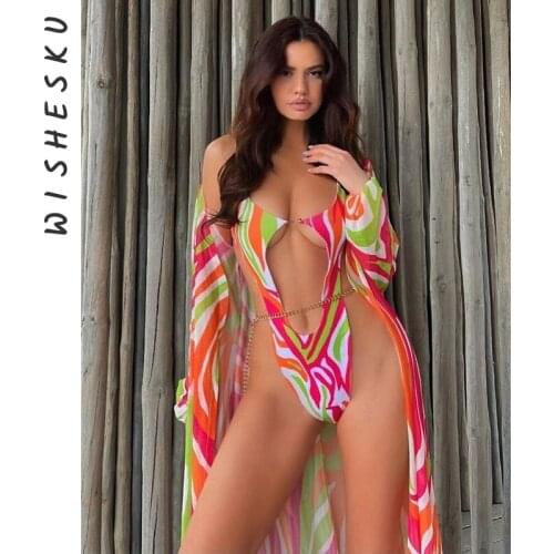 Printed Two Piece Bikini Set Hollow Bodysuit Swimwear Cover Ups Women Summer Clothing Tie Dye Bathing Suit Club Outfits