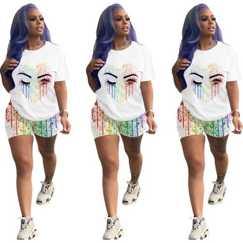 Hot New Hot Style European and American Womens Clothing Fashion Casual Solid Color Eyes Love Print Short Sleeve Two-Piece Suit