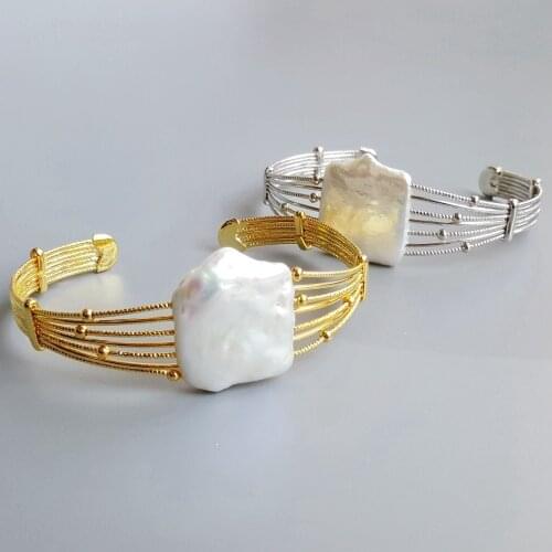 LiiJi Unique Fashion Real Square Shape Baroque Pearl Gold Color Silver Color Open Bangle For Women Or Girl Nice Gift