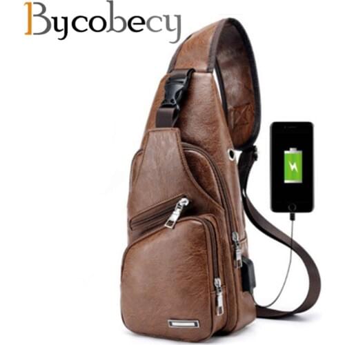 BYCOBECY 2020 Mens Chest Bag Retro PU Leather Single Shoulder Bag Leisure Travel Messenger Bag Chest Pocket Cross Body Bag