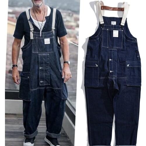 Denim Strap Overalls Mens Jeans Work Cargo Pants Functional Multiple Pockets Pants Coveralls Men Loose Safari Blue Bib Trousers