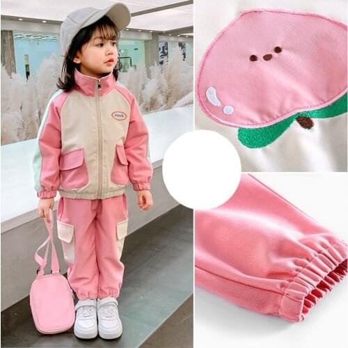 Girls' new spring and autumn childrens color matching zipper shirt sports little peach suit two-piece cute net red jacket