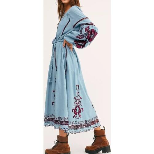 Boho French Romance Midi Dress Floral Embroidered Puff Sleeve Belt Lace Trim Chic Women Long Dresses 2021 Spring Autumn Vestidos