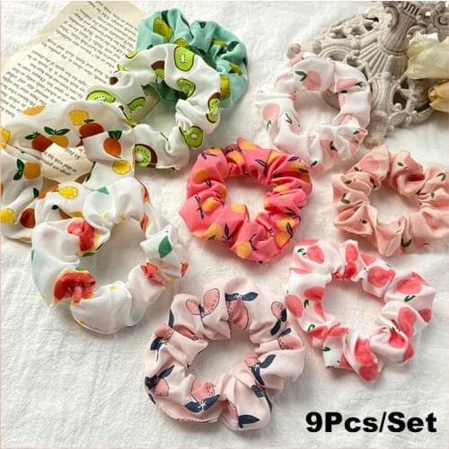 New 9/6/4Pcs Print Fruit Elastic Scrunchie Hairband Summer Rubber Band Floral Hair Bands Ponytail for Girls Hair Accessories