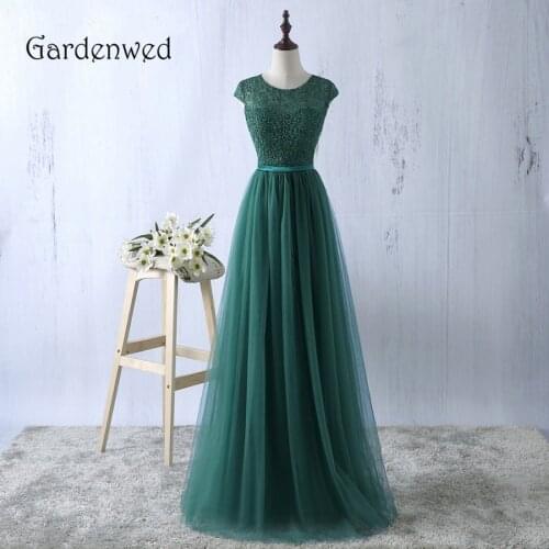 Gardenwed Top Lace Cadmium 2020 Green Lace Evening Dress Satin Sash Bottom Tulle de gala abiye Zipper A Line Formal Dress
