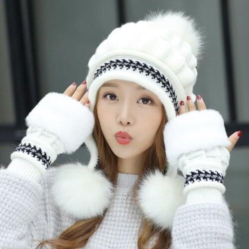 Women Warm Skullies Beanie + Soft gloves Two-Piece Set Winter Thicken Hat Male Windproof Knitting Caps Neck Warmer