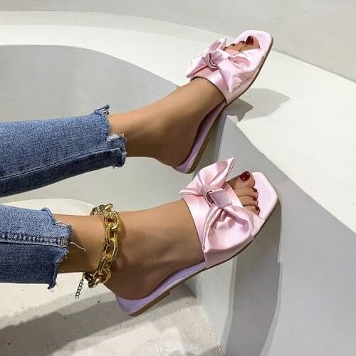 2021 Smooth Silk Bow Slippers For Women Summer Open Toe Flat Heel Beach Casual Shoes Female Outdoor Home Lovely Slipper
