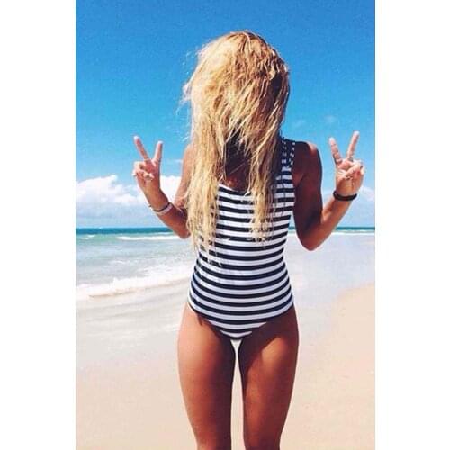 Angelsin Black White Striped Stylish Swimsuit