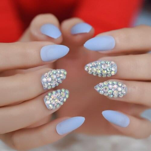 3D Light Blue Rhinestone Fake Nail Sharp Head Custom Matte Acrylic Design Nails Tips Stiletto Medium False Nail