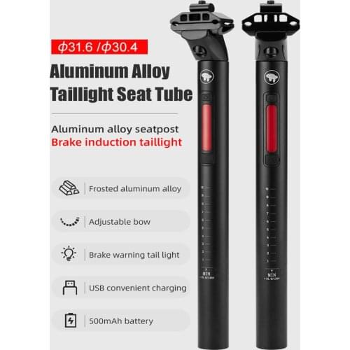 30.4/31.6mm Bicycle Taillight Seatpost Tube Aluminum MTB Bike Seat Tube with USB Charging Brake Induction Lights 500mAh Battery