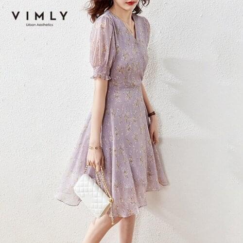 VIMLY Women Floral Dress Summer V Neck Puff Sleeve Beach Dress Office Lady Elegant Chiffon Maxi Dresses Female Vestidos F7222