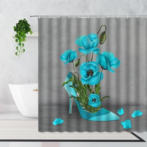 3D Blue High Heel Bathroom Shower Curtain Poppy Flower Sexy Girl Bedroom Decorative Curtains Waterproof Bathtub Screen With Hook