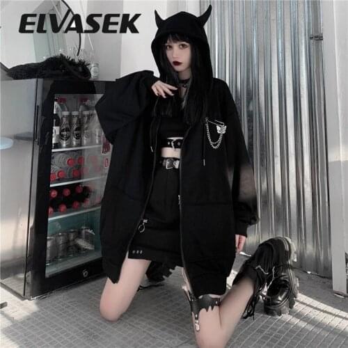 Zip Up Hoodie Women Harajuku Punk Gothic Sweatshirt Black Devil Horn Zipper Coat Oversized Streetwear Alt Clothes Outwear 2021