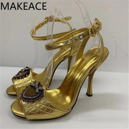 Woman Round Toe Stiletto Heel Sandals with Golden Crystal Metal Heart-shaped Bow Buckle Catwalk Fashion Sexy Stiletto Sandals
