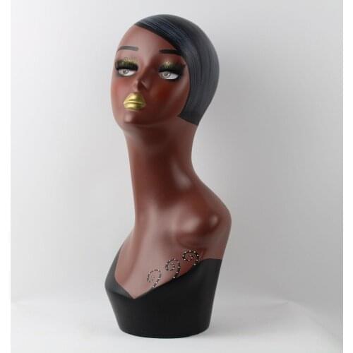 Hand Painted Female Fiberglass Head Mannequin With Dark Skin Black Cloth For Hat Jewelry Display And Decoration