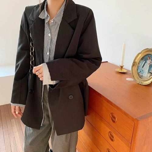 2020 Coat Women Office Ladies Notched Collar Blazer Double Breasted Autumn Jacket Casual Pockets Female Suits Coat Women