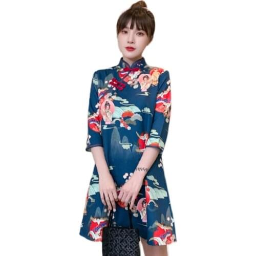 2021 New Plus Size M-4XL Navy Casual Party Fashion Modern Cheongsam Dress Women Short Sleeve Qipao Traditional Chinese Clothes