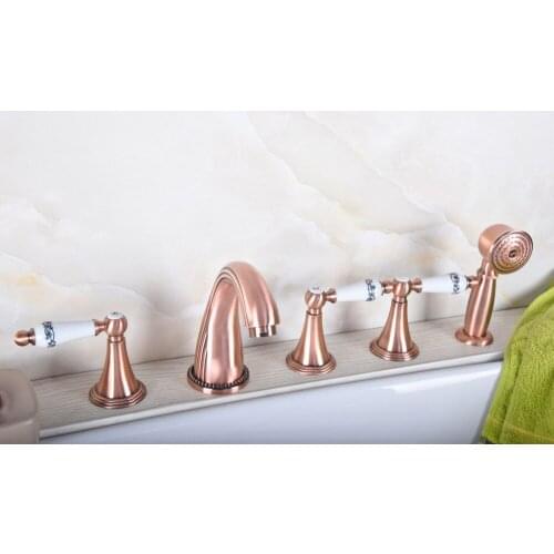 Antique Red Copper Brass Widespread Three Handles Deck Mounted 5 Holes Bathroom Tub Faucet Mixer Tap With Handshower mtf194