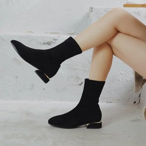 34-43 Plus Size plating heels flock sock boots women 2021 winter plush mid-calf chelsea bottine slip on square toe stretch botas