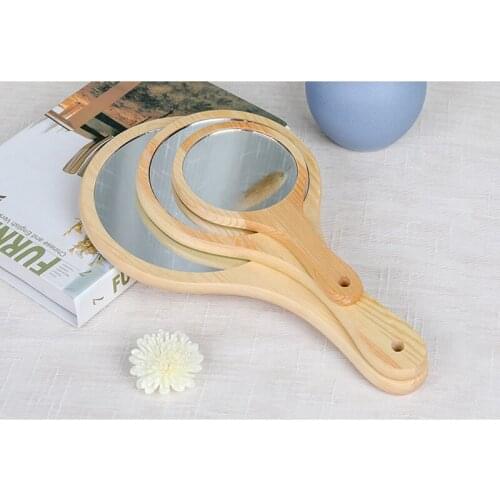 CASHOU05 1Pcs Mirror Portable Round Wood Vintage Hand Mirror Make Up Mirrors with Handle for Women