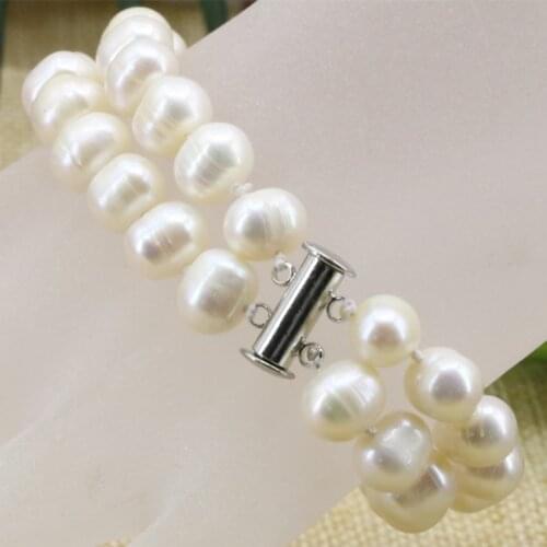 Charms white natural 8-9mm pearl nearround beads 2 rows strand bracelets bangle for women original design jewelry 7.5inch B3178